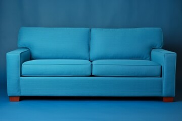 This image showcases a modern blue sofa with a textured fabric sitting against a monochromatic blue backdrop. The couch features clean lines and minimalist design, signifying contemporary comfort and