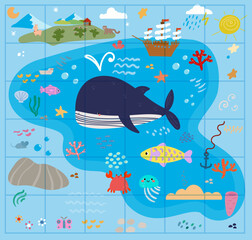 map with ocean,whale,islands,vector simple cartoon flat illustration