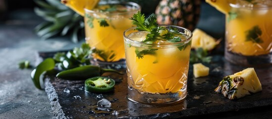 Cinco de Mayo cocktail with spicy pineapple, cilantro, and jalapeno, served on a black surface, made with Mexican mezcal or margarita mix, is a refreshing beverage. - obrazy, fototapety, plakaty