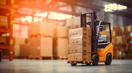 Orange and black forklift truck lifting wooden pallet full of cartoon boxes in a warehouse full of containers and packages. Industrial storage vehicle doing product distribution, storehouse logistics - obrazy, fototapety, plakaty