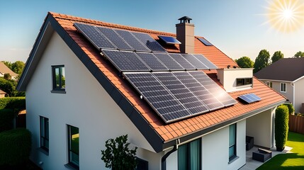 Fototapeta premium suburban house with a photovoltaic system on the roof. house with landscaped yard. Solar panels on the gable roof 