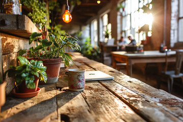 Cozy cafe interior with sunlit wooden table, a laptop, and plants, offering a warm, comfortable space for work or relaxation.