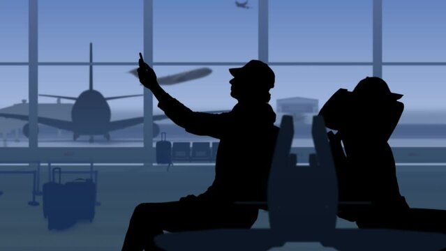 The frame shows an airport with a waiting room. Two people in silhouette are sitting on opposite sides, a man is taking selfies. A girl is taking a nap. In their background is a runway with airplanes