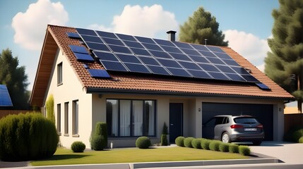  suburban house with a photovoltaic system on the roof. house with landscaped yard. Solar panels on the gable roof 