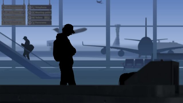 The frame shows an airport with a waiting room. A man is waiting for his luggage while it is checked by X ray scanners. Then he takes his suitcase and leaves. On its background runway with airplanes
