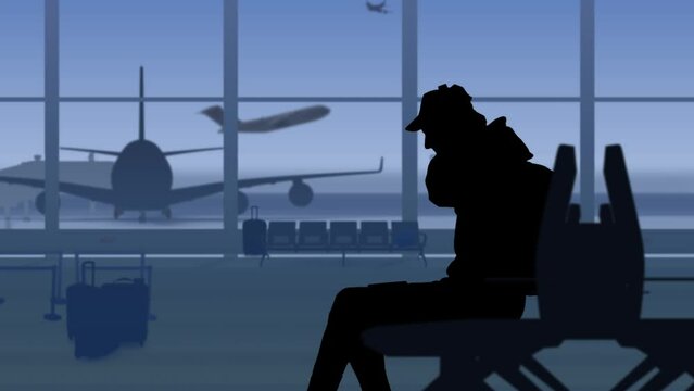 The frame shows an airport with a waiting room. A man sitting takes out wireless headphones and listens to music, he enjoys the music, he likes it. In his background is a runway with airplanes