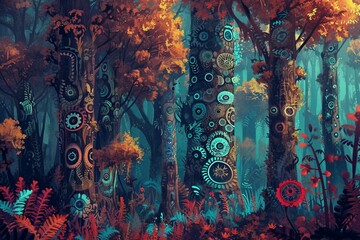 : A surreal forest of tribal patterns, where each tree is a unique composition of shapes and symbols