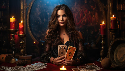 Gypsy woman holding tarot card. Prediction and astrology illustration - obrazy, fototapety, plakaty