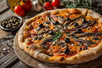 A savory Napoli pizza featuring anchovies, capers, and black olives, served on a traditional terracotta pizza stone, with a side of anchovy fillets and a small bowl of capers - obrazy, fototapety, plakaty