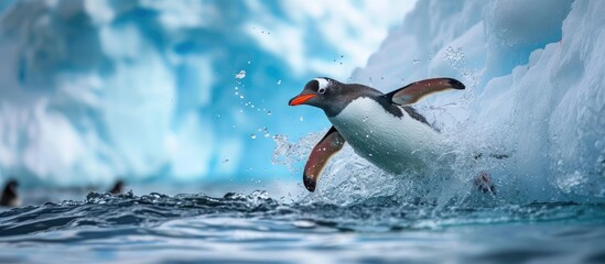 Antarctic Gentoo penguin diving into the ocean from an iceberg. - obrazy, fototapety, plakaty
