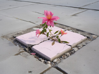 Solitary Pink Flower on Broken Tile