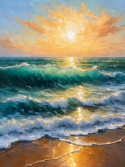 Beautiful seascape with sea waves and sunset. Digital painting - obrazy, fototapety, plakaty