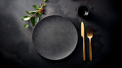 Top view photography of an elegant and luxurious dark gray textured plate surrounded by golden knife and fork, black cup and a decorative plant. Shiny tableware, expensive premium restaurant set