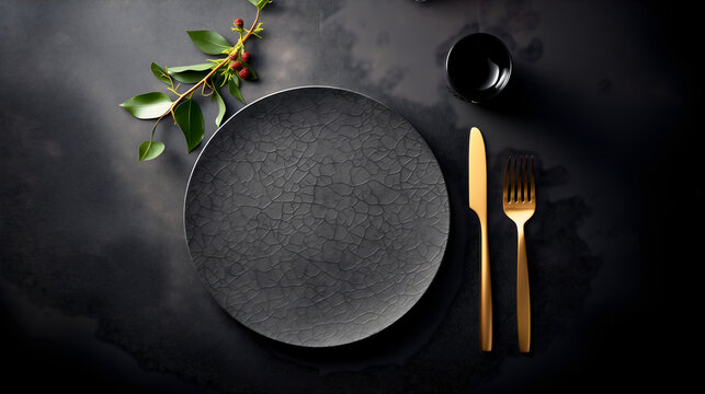 Top view photography of an elegant and luxurious dark gray textured plate surrounded by golden knife and fork, black cup and a decorative plant. Shiny tableware, expensive premium restaurant set