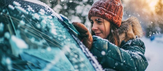 Woman using ice scraper to clean car windshield during winter driving. - obrazy, fototapety, plakaty