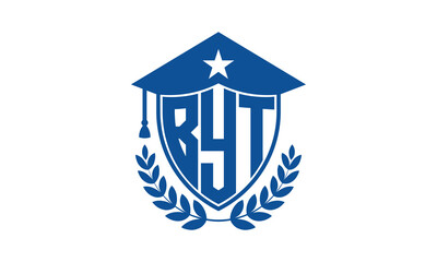 BYT three letter iconic academic logo design vector template. monogram, abstract, school, college, university, graduation cap symbol logo, shield, model, institute, educational, coaching canter, tech