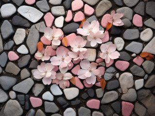 Fototapeta na wymiar Pebble Mosaic with Blossoms