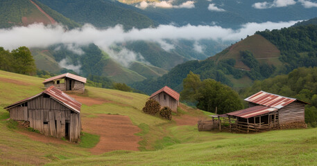 Rustic wooden building with metal roofs on a grassy hill, picturesque landscape of a rural area, dirt path, misty mountains - Powered by Adobe