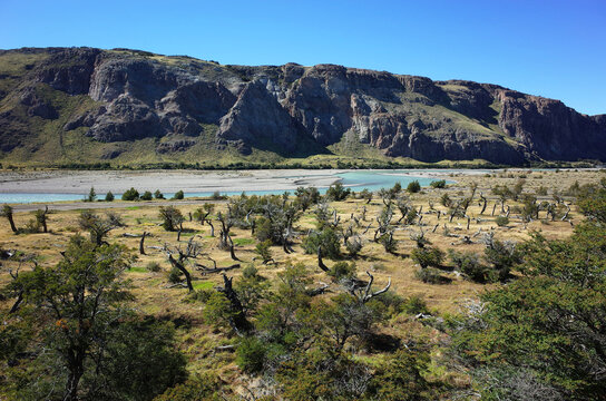 Patagonia landscape, Valley of Rio de las Vueltas river along the steep mountain side in Los Glaciares National Park in southern Argentina