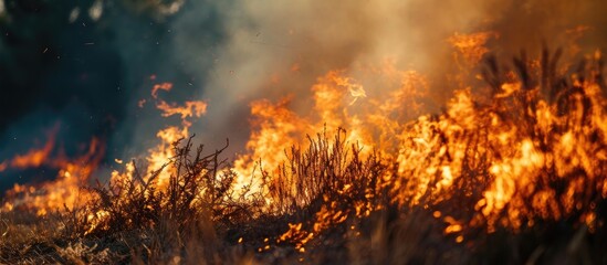 Large fire on complete display, burning grass.