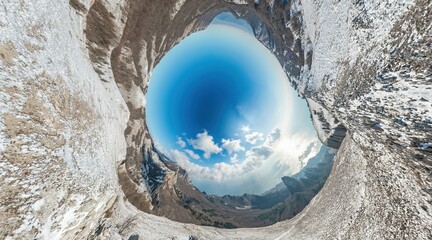 Winter snow mountain panorama. 360 little planet panorama aerial view above sea and snow covered...