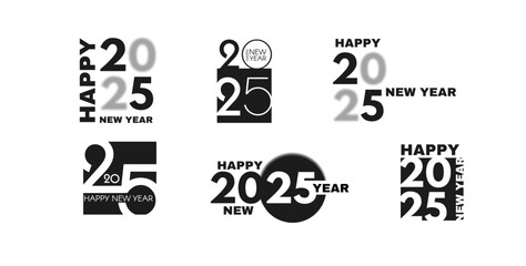 2025 Happy New Year text logo design. Holiday header. Black and white number. Typographic design.