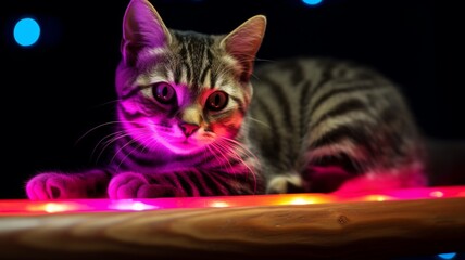 American Wirehair cat neon Color AI Generated pictures
