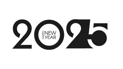 2025 Happy New Year text logo design. Holiday header. Black and white number. Typographic design.
