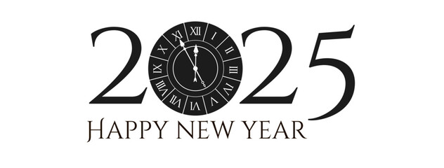 2025 Happy New Year text logo design. Holiday header. Black and white number. Typographic design.