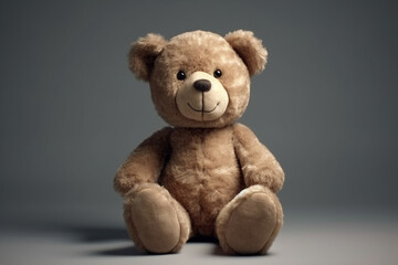 Obraz premium Cute looking fluffy teddy bear toy sitting on plain background with copy space