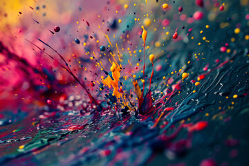 Dynamic paint splatter, an abstract background with energetic and colorful paint splatters, conveying a sense of movement and creativity. - obrazy, fototapety, plakaty