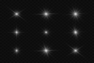 A collection of bright stars and moments. The effect of flashing rays and flickering highlights. On a transparent background. - obrazy, fototapety, plakaty