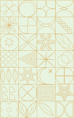 geometric pattern, Bauhause gold pattern, star, circle, leaves, flowers,moon, 