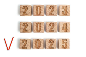 Wooden cubes with the years 2023,2024 and 2025 marked with a red check mark.