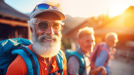 Portrait happy elder man hiker with backpacks walks in mountains at sunset, elderly tourist adventure.