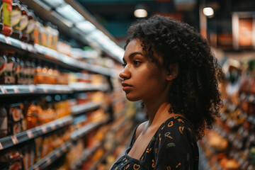 Informed Female Consumer Analyzing Nutrition and Prices in Grocery Store, Emphasizing Healthy Lifestyle and Smart Shopping Choices in Supermarket Aisle - obrazy, fototapety, plakaty