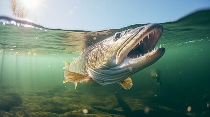 Predatory fish pike in habitat, under water looking for prey. Sport fishing concept.
