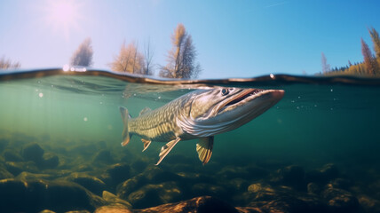 under water looking for prey Predatory fish pike in habitat. Sport fishing concept. - obrazy, fototapety, plakaty