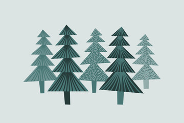 Geometric fir trees in minimal style, spruce forest.