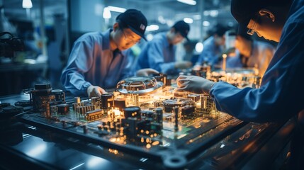 Workers at a semiconductor factory are working on their new electronic product. - obrazy, fototapety, plakaty