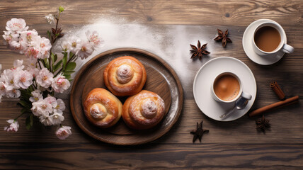 Coffee and Buns on Wooden Table