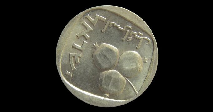Obverse of old Israel coin 5 agorot 1961, isolated in black background. 3d animation in 4k video.