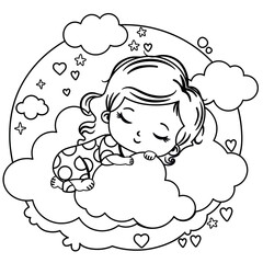 Black and white vector illustration of a little girl sleeping on the clouds.
