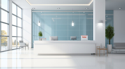 Front view of clean modern hospital corridor with big windows, rows of blue chairs and reception desk. Concept of healthcare. 3d rendering - Powered by Adobe
