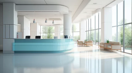 Fotobehang Front view of clean modern hospital corridor with big windows, rows of blue chairs and reception desk. Concept of healthcare. 3d rendering © Nataliia