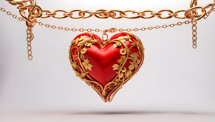 3D ornamental red love heart hanging on a golden thin and thick chain