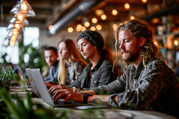 A group of young professionals working together on laptops in a modern, stylish coworking space filled with warm lights.