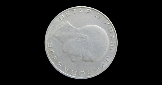 Obverse of Yugoslavia coin 50 dinara 1938 with portrait of king Petar II, isolated in black background. 3d animation in 4k video.