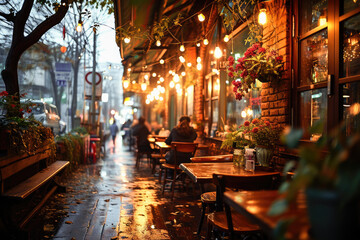 Fototapeta na wymiar Cozy street cafe with warm lighting on a lively urban evening, inviting pedestrians to dine alfresco.