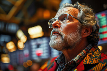 Obraz premium Portrait of a contemplative senior man with glasses, looking thoughtfully amidst stock market screens.